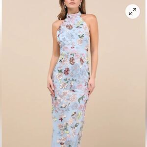 NWT Lulu’s Infinite Praise Blue 3D Floral Embroidered Halter Maxi Dress